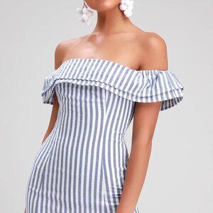 Lulus Seaside Skipper Blue Striped Off-the-shoulder Mini Dress - Size M